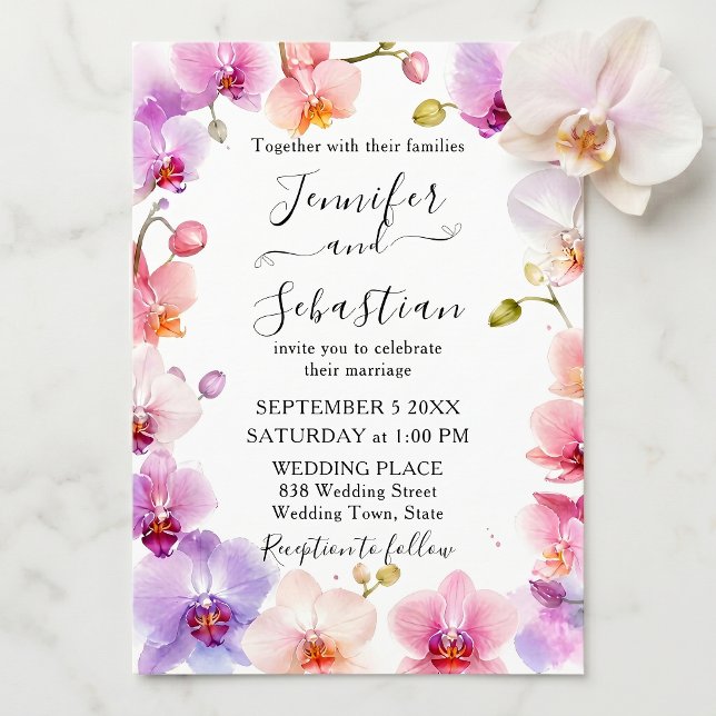 Convites Aquarela Orquídea Roxa Rosa Botânica Casamento (Criador carregado)
