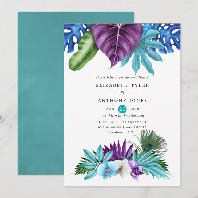 Convites Aquarela Orquídeas Tropicais Casamento Pavão (Frente/Verso)