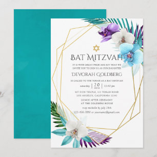 Convites Aquarela Orquídeas Tropicais Geométricas Bat Mitzv