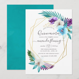 Convites Aquarela Orquídeas Tropicais Geométricas Quinceañe