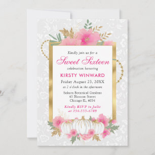 Convites Aquarela Outono Rosa Dourado Floral Abóbora Doce 1
