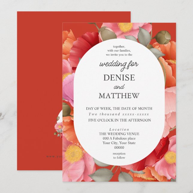 Convites Aquarela Papoula sobre Vermelho Poinciana (Frente/Verso)