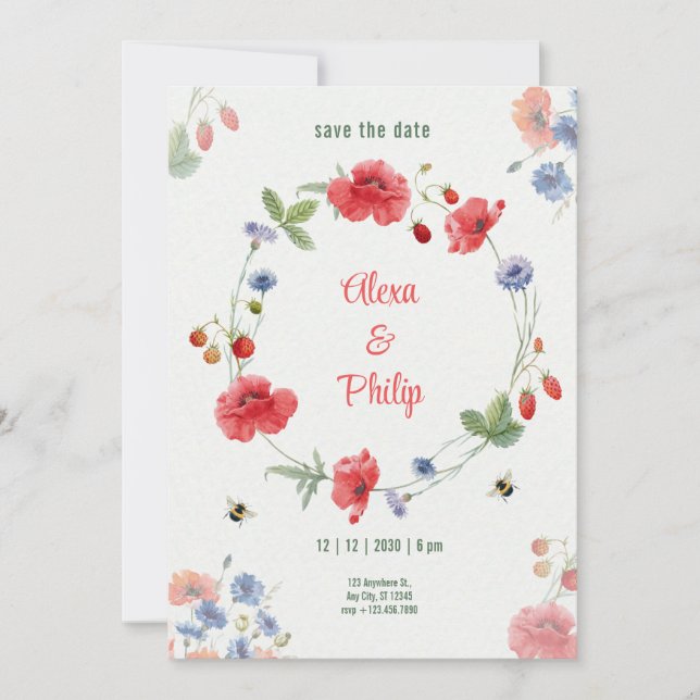 Convites Aquarela Papoulas Rústicas Morangos Leves (Frente)