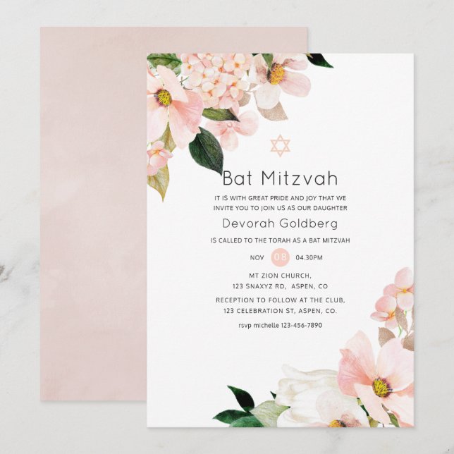 Convites Aquarela Pastel Rosa Floral Bat Mitzvah (Frente/Verso)