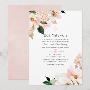 Convites Aquarela Pastel Rosa Floral Bat Mitzvah