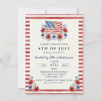 Convites Aquarela Patriótica Floral 4 de Julho Churrasco EU