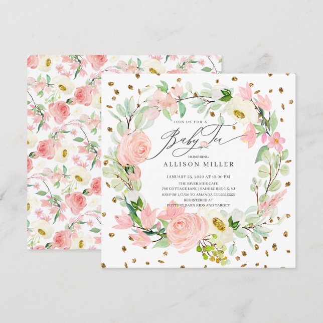 Convites Aquarela Peonies Floral Wreath Baby Tea Chá (Frente/Verso)