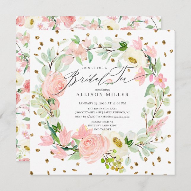 Convites Aquarela Peonies Floral Wreath Bridal Tea Chá (Frente/Verso)