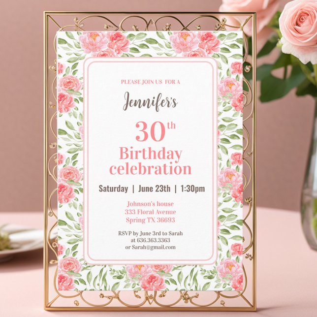 Convites Aquarela Peony Floral Pink aniversário de 30 anos (Watercolor Peony Floral Pink Peach 30th Birthday Invitation)