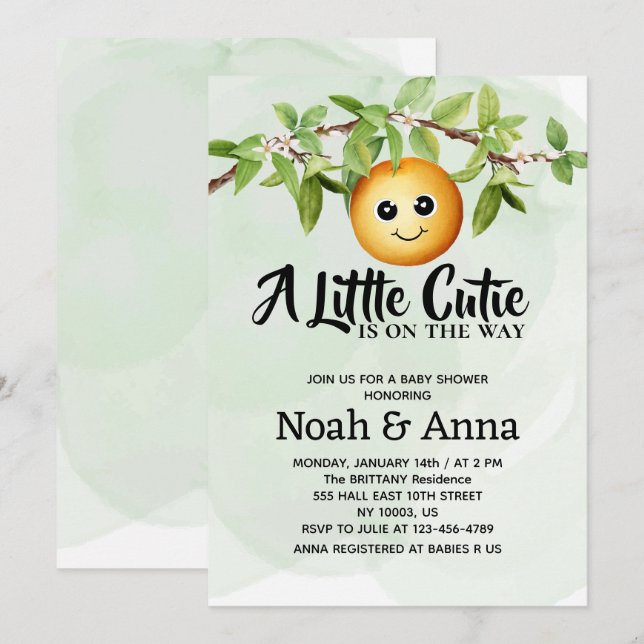 Convites aquarela pequena cutie está no caminho chá de fral (Frente/Verso)