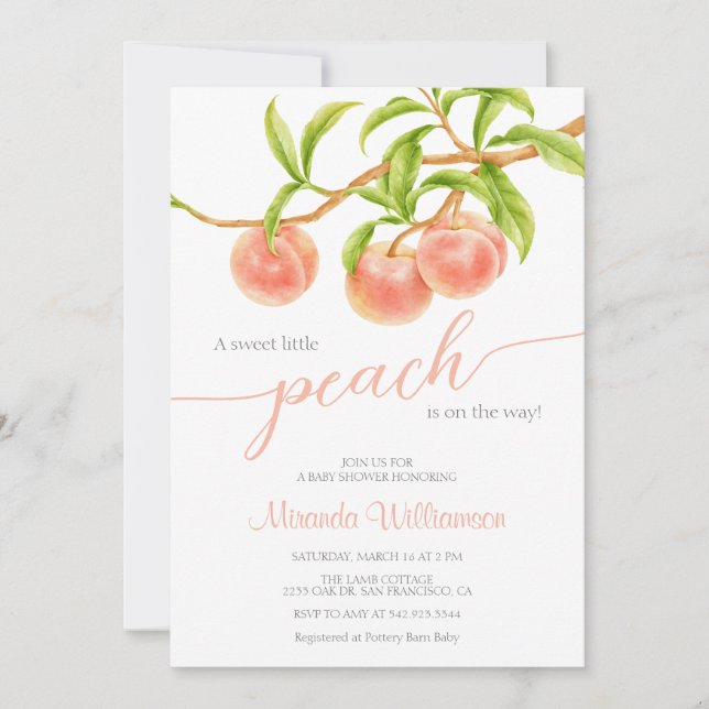 Convites Aquarela Pequeno pêssego está no caminho do chá de (Frente)