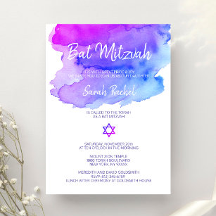 Convites Aquarela Personalizada Azul Púrpura Mitzvah