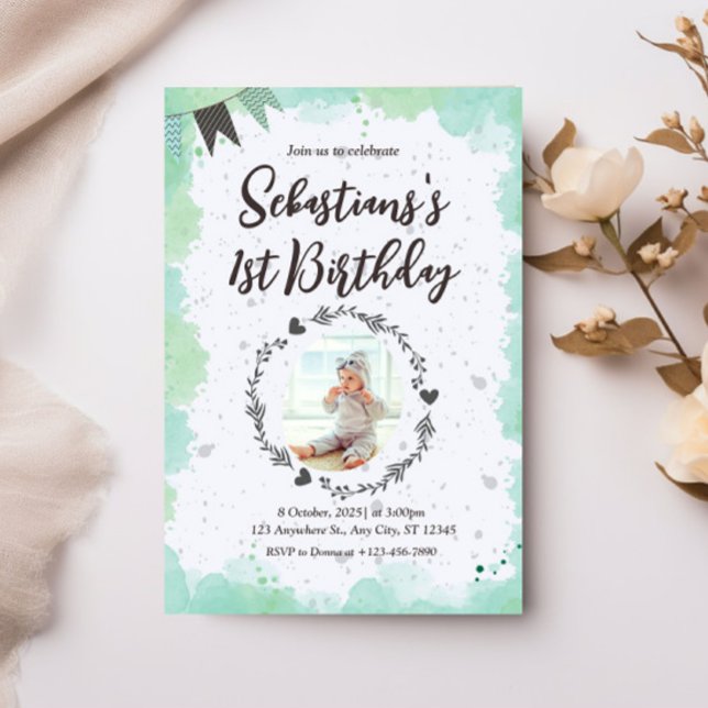Convites Aquarela personalizada do primeiro aniversario de  (Criador carregado)