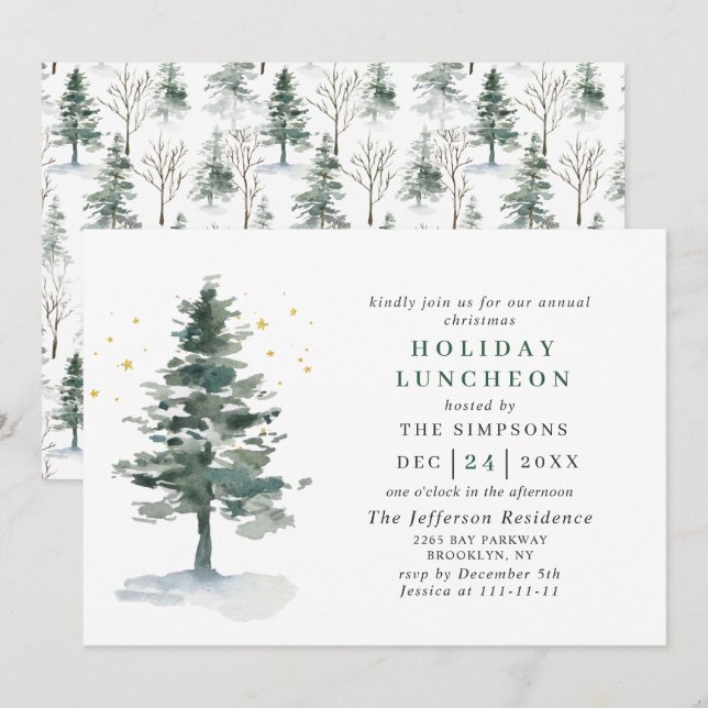 Convites Aquarela Pine Árvore Feriado de Natal (Frente/Verso)