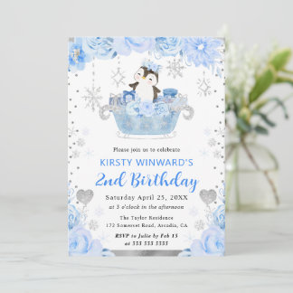 Convites Aquarela Pinguim Ártico Floral 2º Aniversário