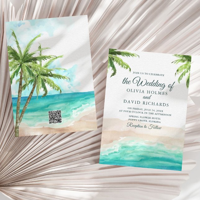 Convites Aquarela Praia Tropical com Casamento Código QR (Watercolor Tropical Beach with QR Code Wedding Invitation on a sunny neutral dry palm leaf.)