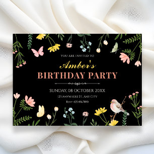 Convites Aquarela preta floral primavera aniversário