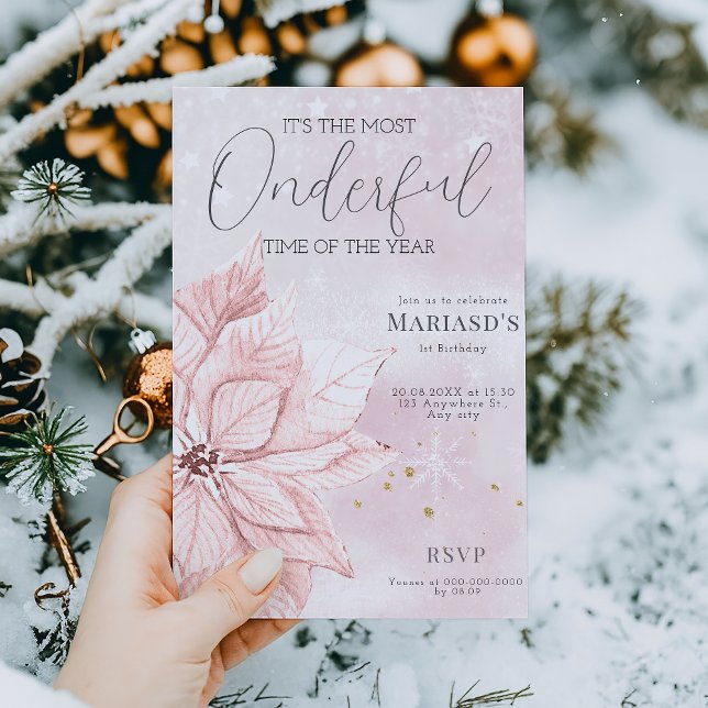 Convites aquarela primeiro aniversario de flor rosa de Nata (Criador carregado)