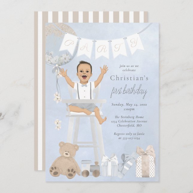 Convites Aquarela Primeiro Bebê de Aniversário em Cadeira A (Frente/Verso)