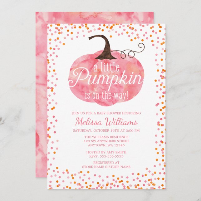 Convites Aquarela Pumpkin Confetti Fall Girl Chá de fraldas (Frente/Verso)