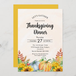 Convites Aquarela Pumpkin Girassol Janto de Ação de Graças