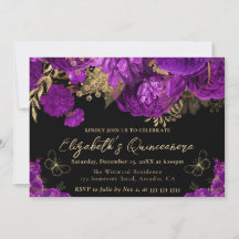 Aquarela Púrpura e Flores Douradas Quinceanera