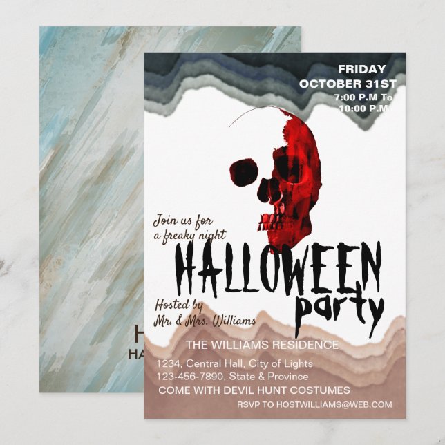 Convites Aquarela Retro Caveira Skeleton Arte Halloween (Frente/Verso)