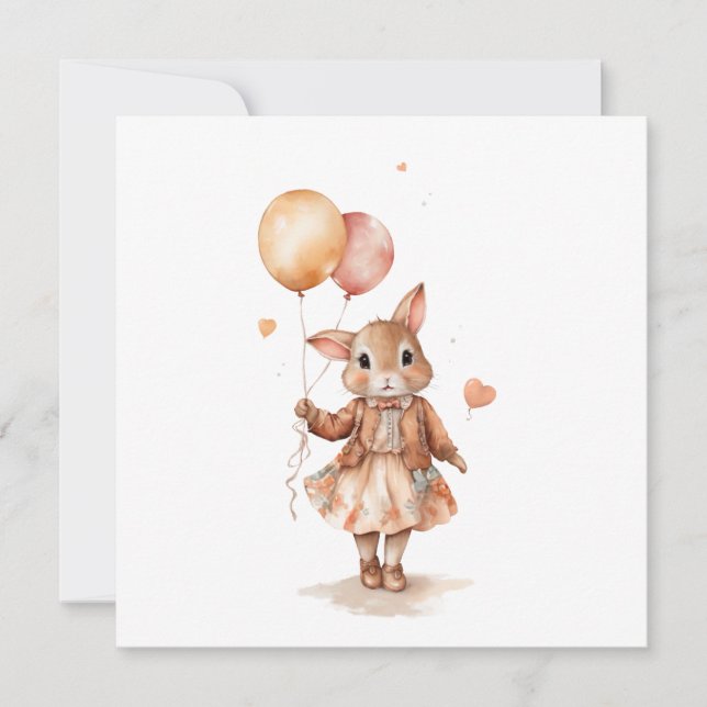 Convites Aquarela retrô Menina coelhinha com balões  (Frente)