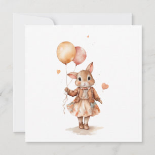 Convites Aquarela retrô Menina coelhinha com balões