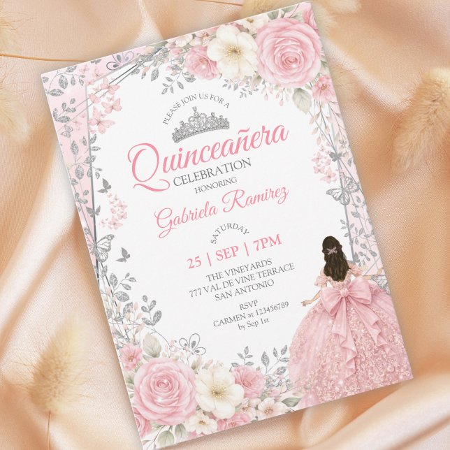 Convites Aquarela Rosa Bege Quinceañera Prata (Criador carregado)