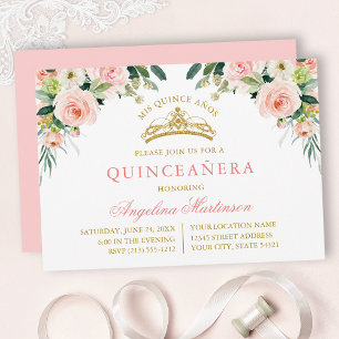 Convites Aquarela Rosa Branco Floral Dourado Quinceanera