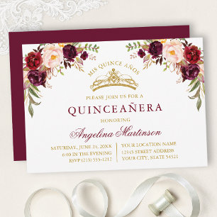 Convites Aquarela Rosa Burgundy Floral Dourado Quinceanera