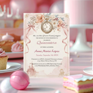 Convites Aquarela rosa claro tema Cinderela quinceanera