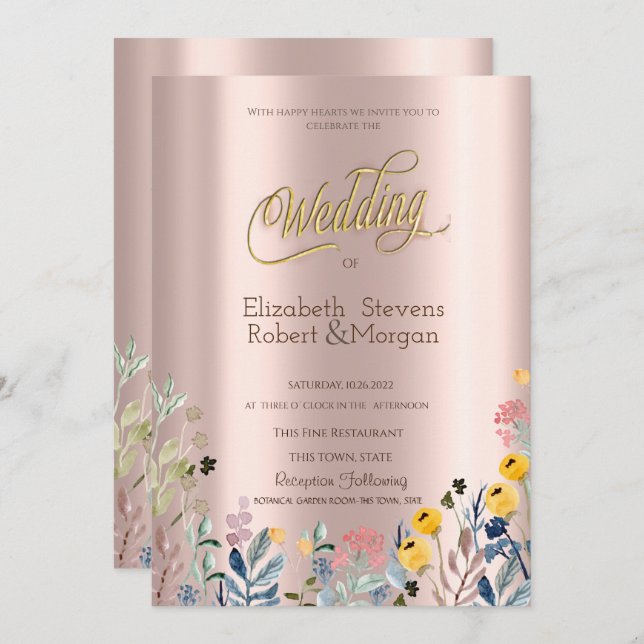 Convites Aquarela Rosa de flor selvagem Dourada (Frente/Verso)