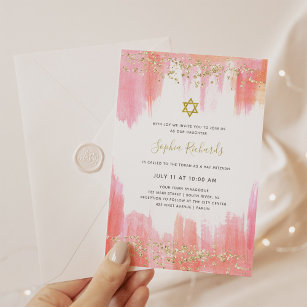 Convites Aquarela rosa elegante e Dourada   Bat Mitzvah