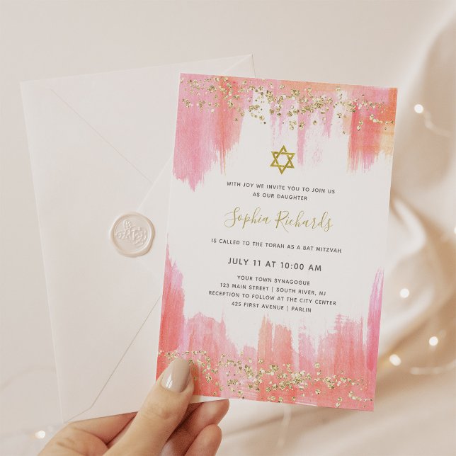 Convites Aquarela rosa elegante e Dourada | Bat Mitzvah (Criador carregado)