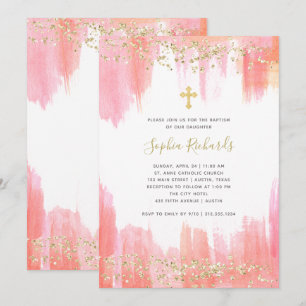 Convites Aquarela rosa elegante e Dourada Batismo