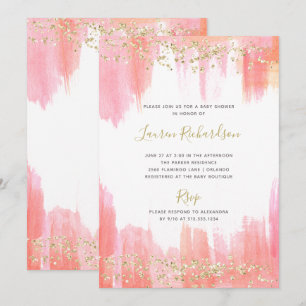 Convites Aquarela rosa elegante e Dourada   Chá de fraldas