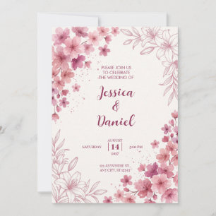 Convites Aquarela Rosa Empoeirada e Floral Desenhado