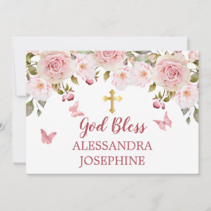 Convites Aquarela Rosa Floral Borboletas e Cruz Nome