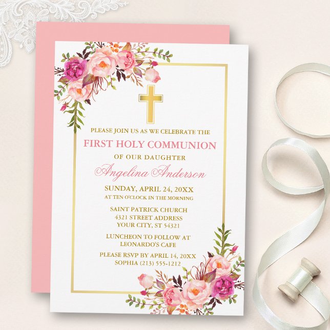 Convites Aquarela Rosa Floral Comunhão Dourado (Customize to change text color, size, style or to change color of back of card.)
