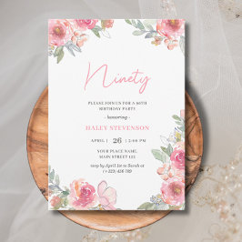 Convites Aquarela Rosa Floral Ninety 90º Aniversário Chic