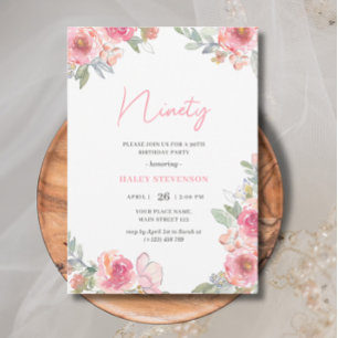 Convites Aquarela Rosa Floral Nonagésimo 90º Aniversário Ch