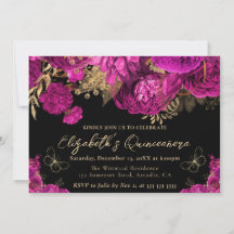 Aquarela Rosa Quente e Flores Douradas Quinceanera