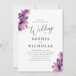 Convites Aquarela rosa roxo floral script casamento