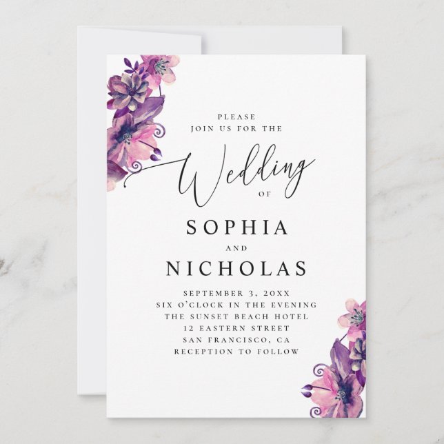 Convites Aquarela rosa roxo floral script casamento (Frente)