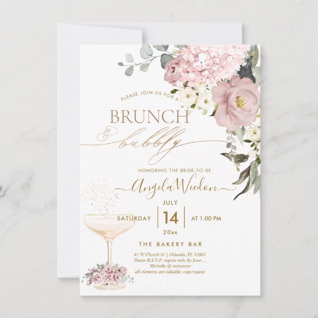 Convites Aquarela Rosas Empoeiradas Hydrangea Brunch Bubbly (Frente)