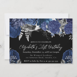 Convites Aquarela Rosas Navy e Prata Aniversário de 21 anos