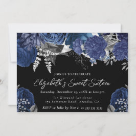 Convites Aquarela Rosas Navy e Prata Sweet Sixteen