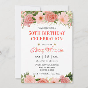 Convites Aquarela Rosas Rosa e Vermelhas Aniversário de 50